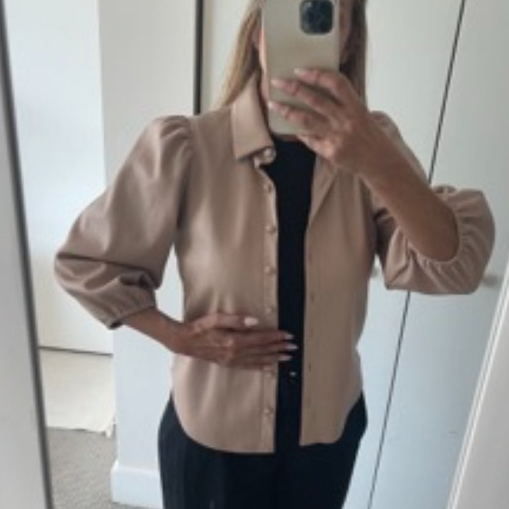 Marc New York Puff Sleeve Faux Leather Nude Blouse -  Size XS